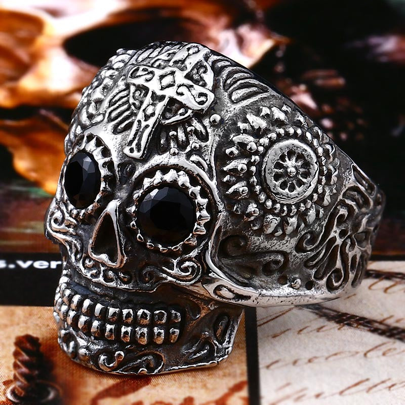 Vintage-Inspired Titanium Steel Skull Ring for Men with Zircon Cross Accent