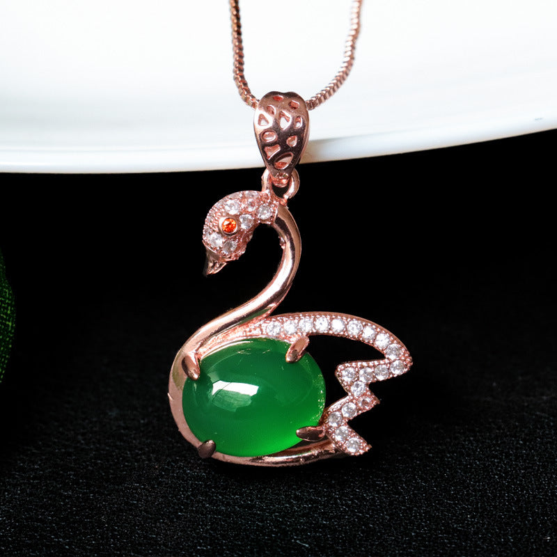 Natural Green Chalcedony Sterling Silver Swan Pendant