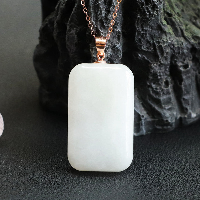 Smooth Rectangle White Hetian Jade Necklace with Sterling Silver Pendant