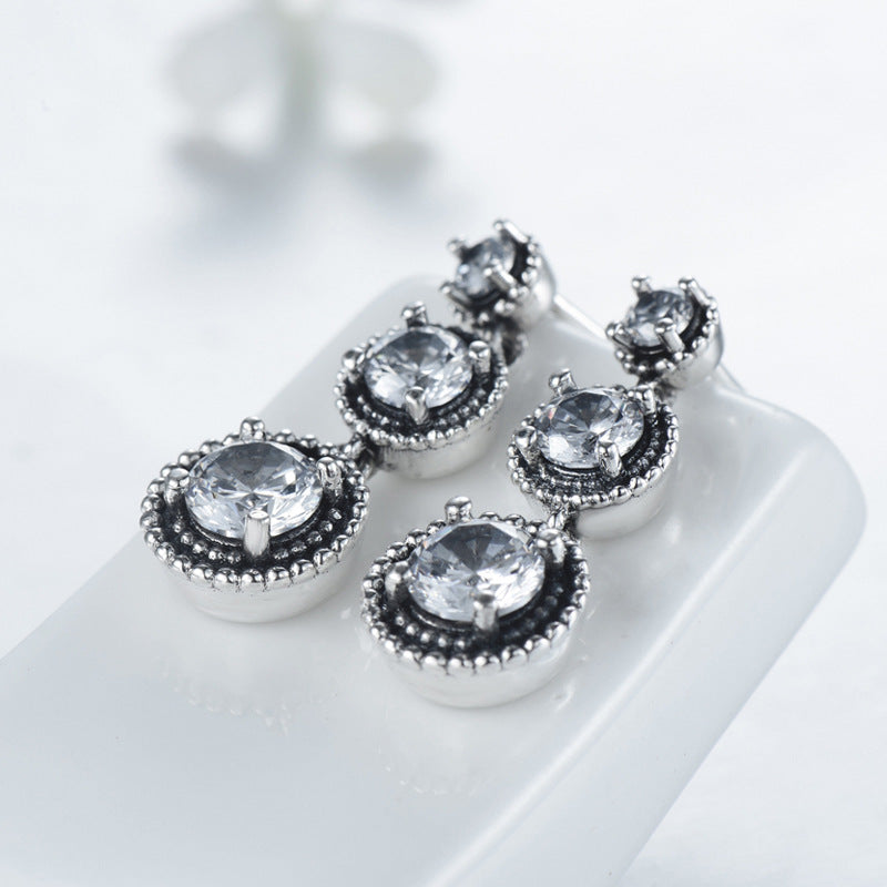 Elegant French Sterling Silver Stud Earrings with Zircon Gems