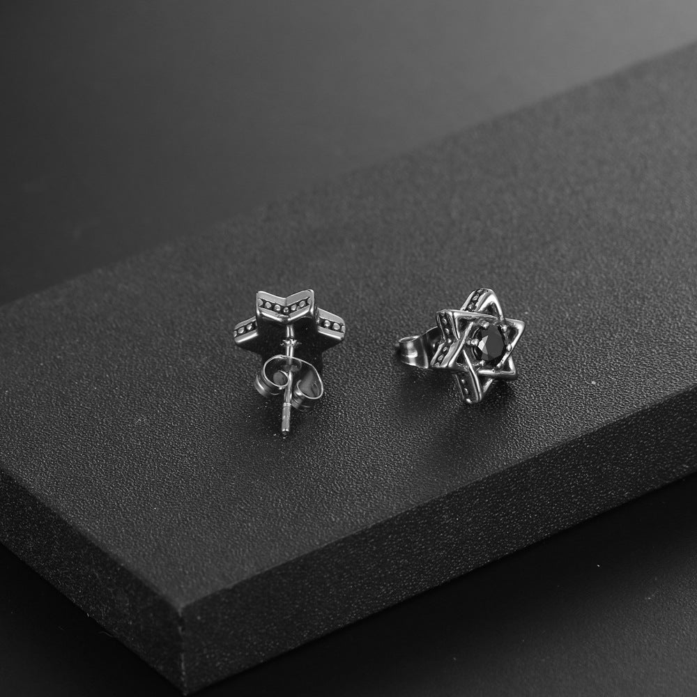 Retro-Inspired Titanium Steel Hexagram Earrings with Zircon Inlay for Men