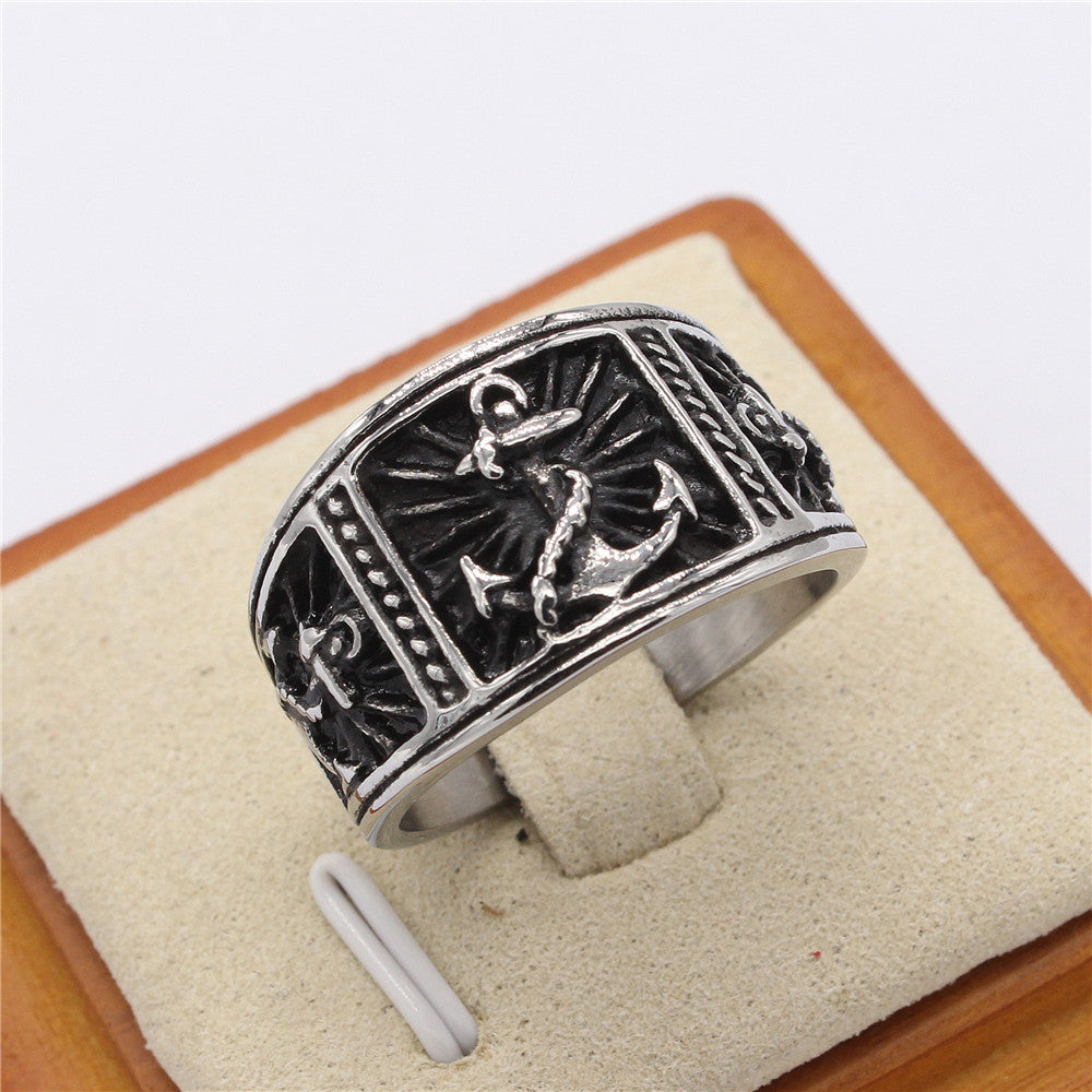 European and American Personalized Retro Navy Anchor Men's Titanium Steel Ring - Wholesale