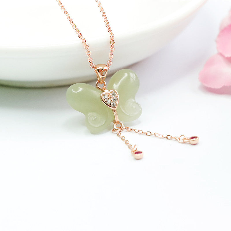 Butterfly Jade Tassel Necklace with Zircon Accent