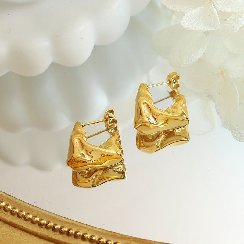 Golden Geometric Embossed Earrings - Unique Design Neutral Style