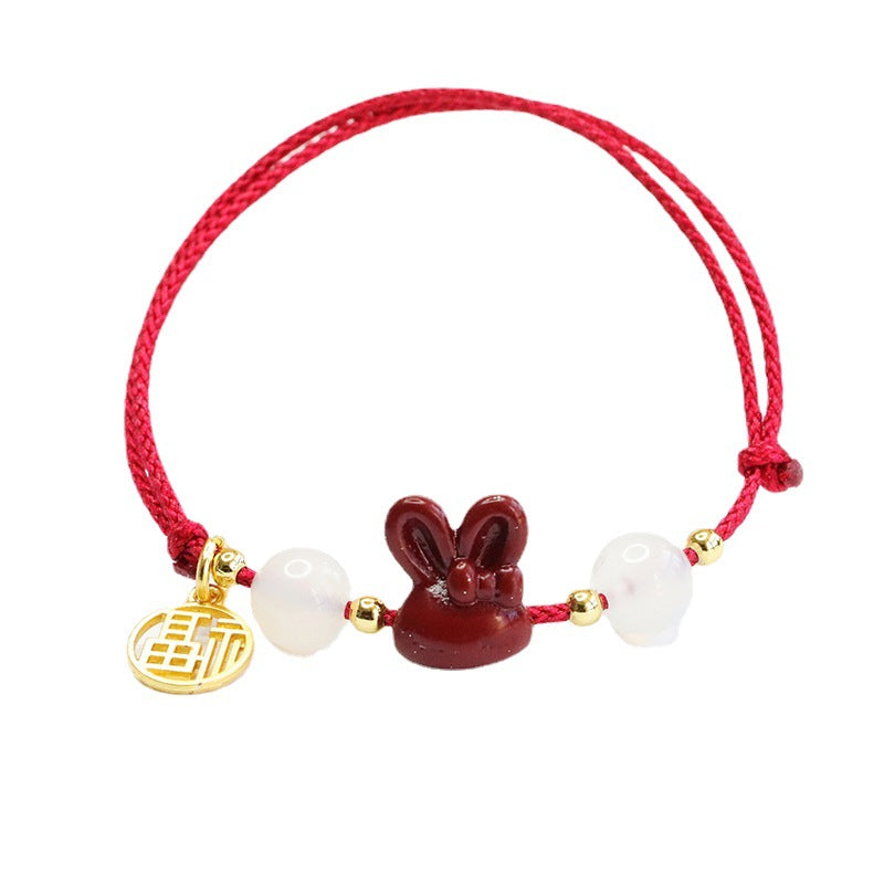 Handwoven Red Cinnabar Rabbit Head Bracelet