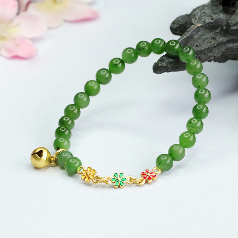 Small Flower Bell Bracelet with Natural Hotan Jade Jasper - Antique Sterling Silver Jewelry