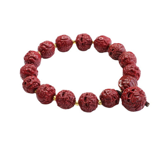 Cinnabar Pixiu Round Bead Sterling Silver Bracelet