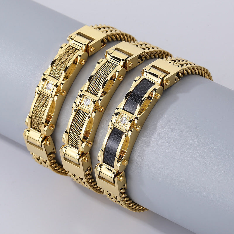 Men's Zircon-Studded Gold Stainless Steel Bracelet - European and American Hipster Style