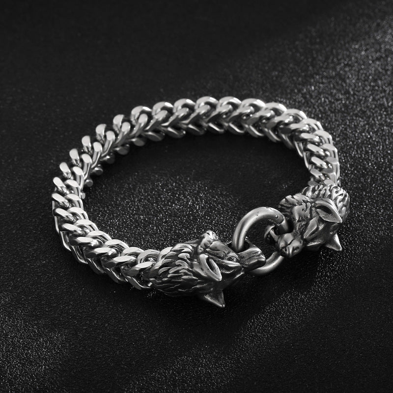 Customizable Punk-Style Titanium Steel Men's Bracelet with Dual Animal Heads