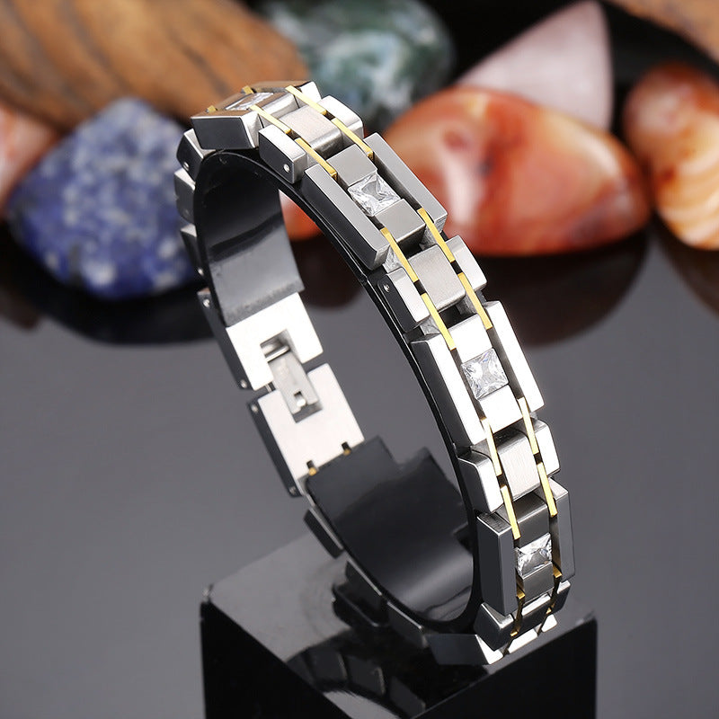 Customizable Zircon-Studded Titanium Steel Bracelet for Men - Trendy One-Piece Hair Jewelry Gift for Birthdays in Europe and America