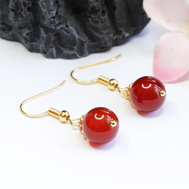 Ear Hooks with Red Agate Beads, Sterling Silver Earrings