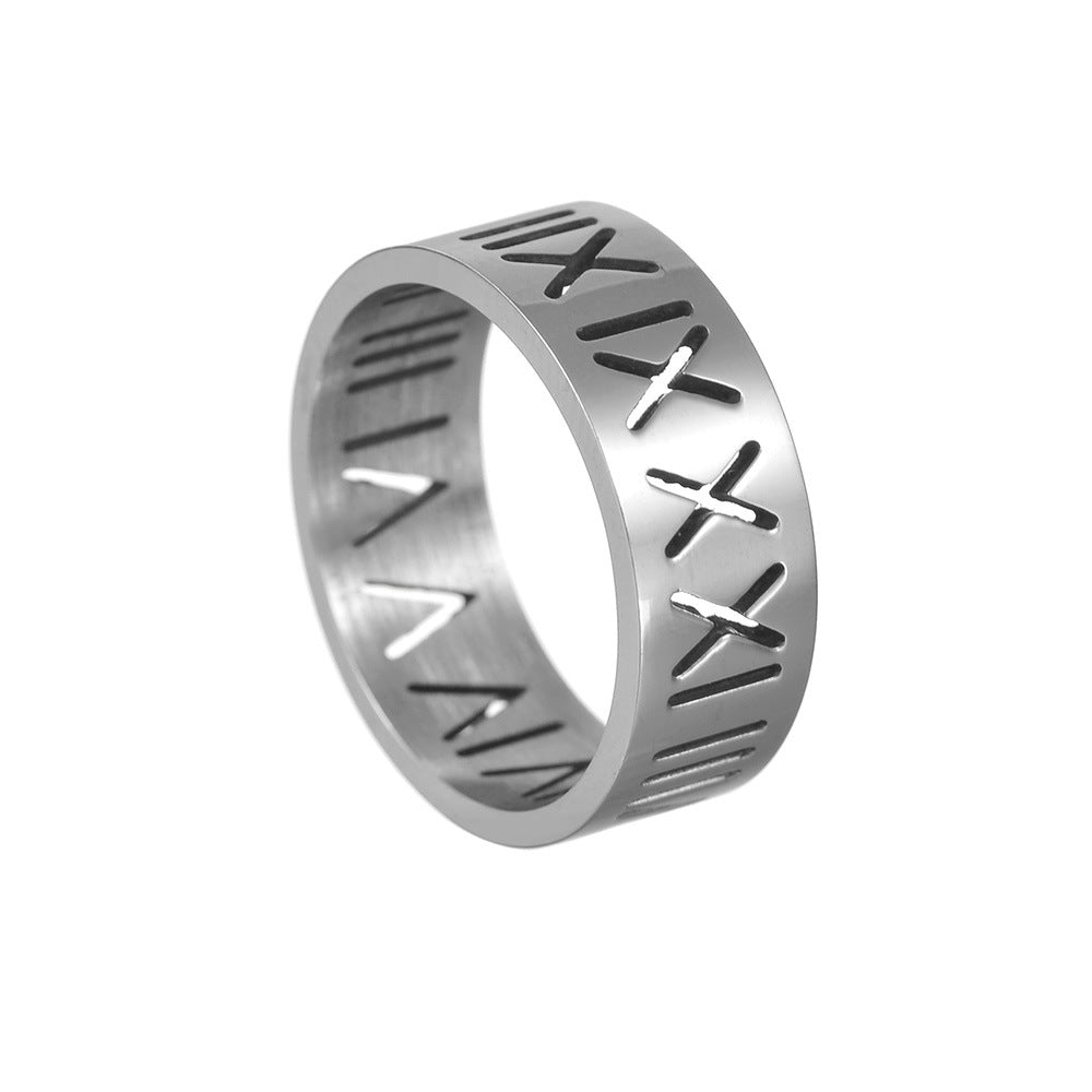 Roman Digital Titanium Steel Men's Ring - Stylish Hollow Plated Ring for Men