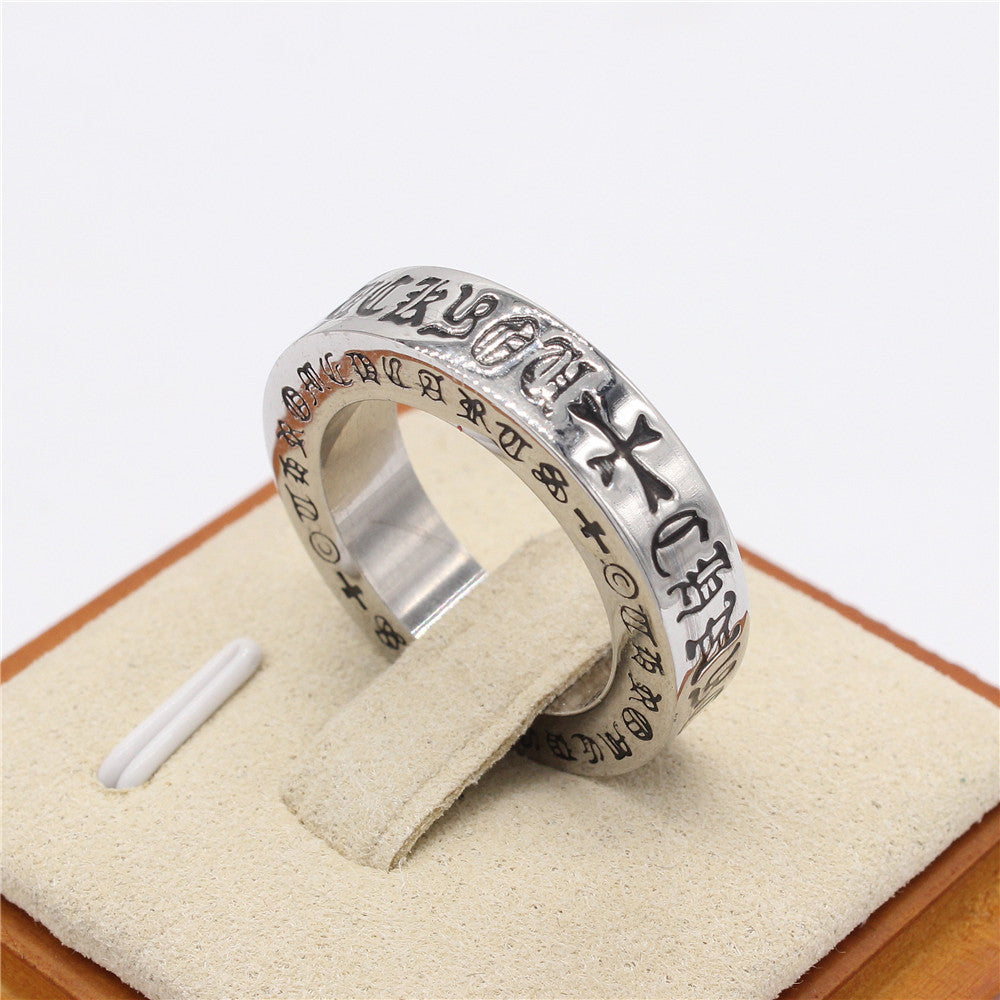 Gothic Text Cross Titanium Steel Ring for Men