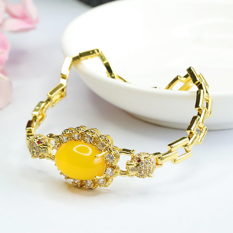 Leopard Head Yellow Chalcedony Bracelet in Sterling Silver