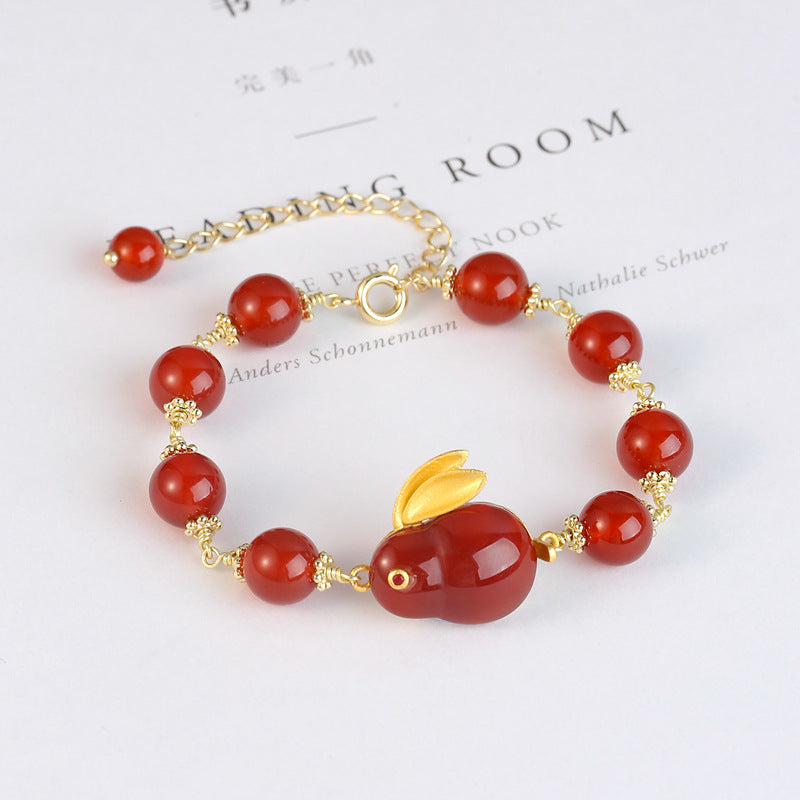 Natural Hotan Jade Rabbit Bracelet with 14K Gold Plated Red Agate Tail Chain