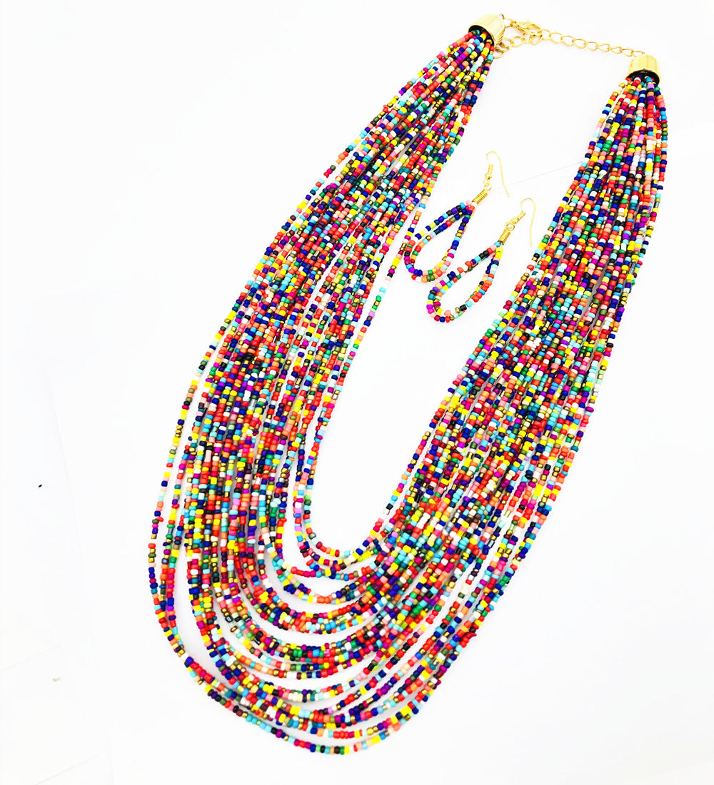 Colorful Multi-layer Beaded Necklace Set with Ethnic Flair