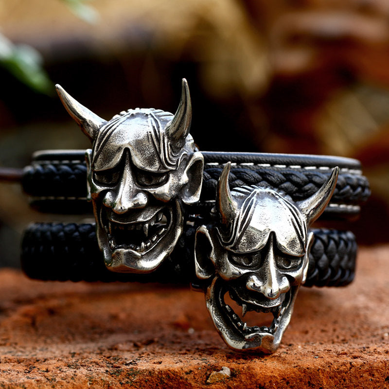 Bold Retro Titanium Steel Men's Leather Bracelet - Domineering Prajna Mask Design for Statement Style