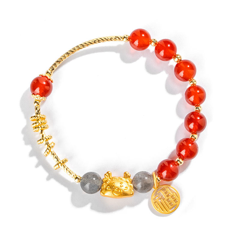 Zodiac Dragon Red Agate and Acacia Beads Bracelet by Planderful - Fortune's Favor Collection