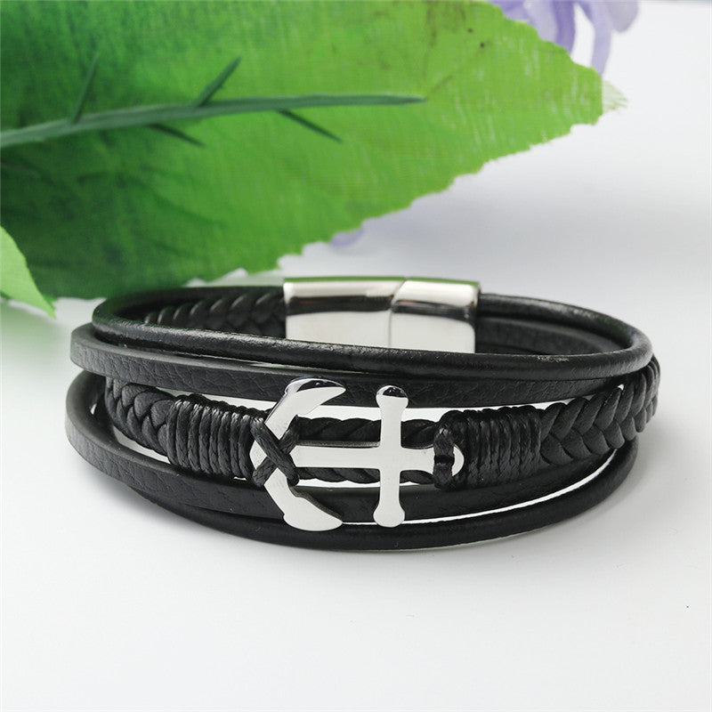 Punk-Inspired Titanium Steel Cross Hook Leather Bracelet for Men