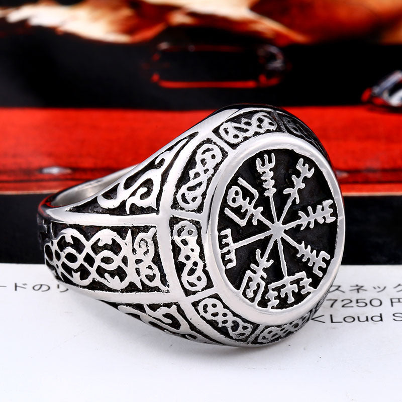 Viking Compass Titanium Steel Men's Ring - Retro Nordic Design for Wholesale