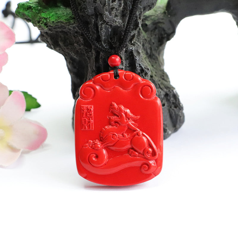 Red Sand Cinnabar Ruyi Unicorn Auspicious Cloud Sterling Silver Pendant