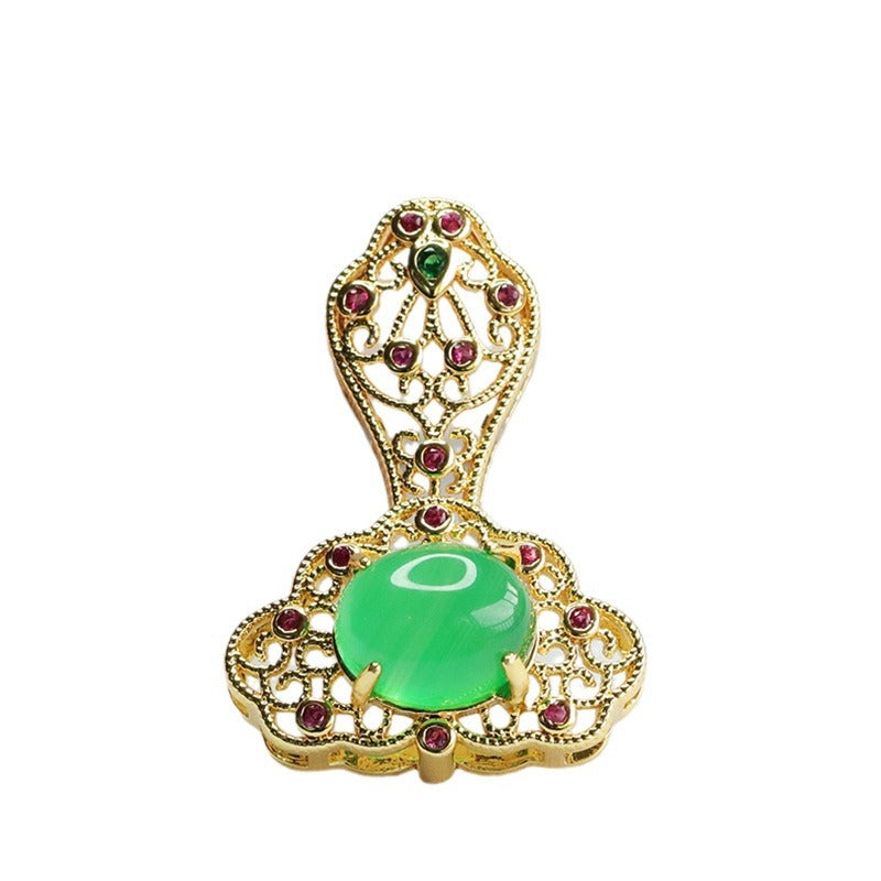 Auspicious Cloud Ruyi Golden Pendant with Ice Green Chalcedony and Red Agate in Ethnic Style