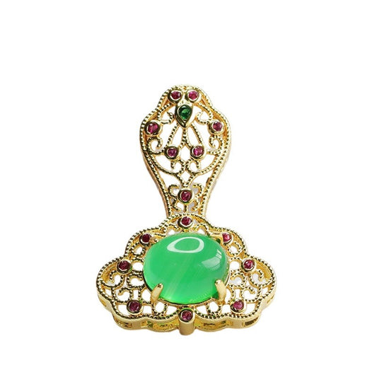 Auspicious Cloud Ruyi Golden Pendant with Ice Green Chalcedony and Red Agate in Ethnic Style