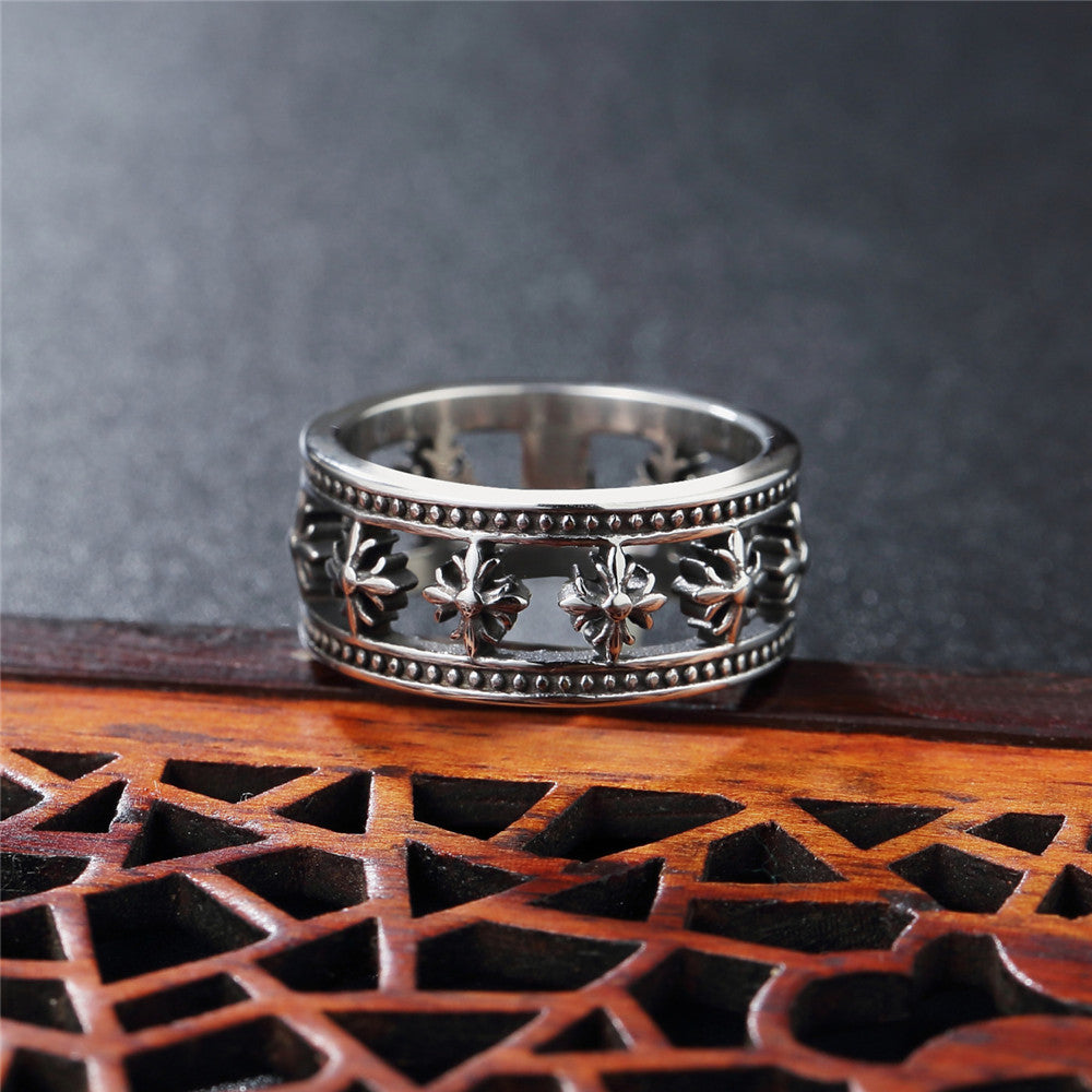 Hollow Row of Cross Flower Titanium Steel Ring for Men