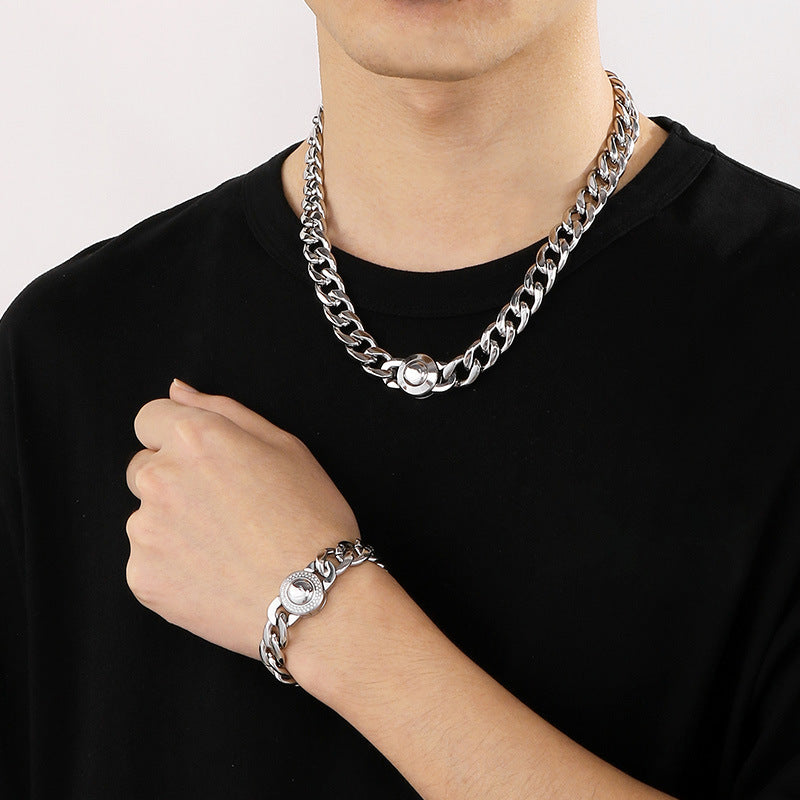 Trendy Hip-Hop Zircon-Encrusted Stainless Steel Necklace for Men with Round Card Buckle