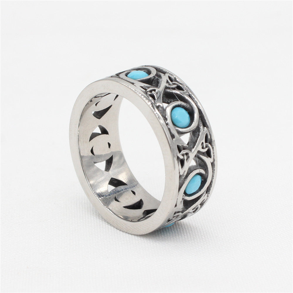 Stylish Blue Turquoise Titanium Steel Ring for Men - European and American Fashion Design