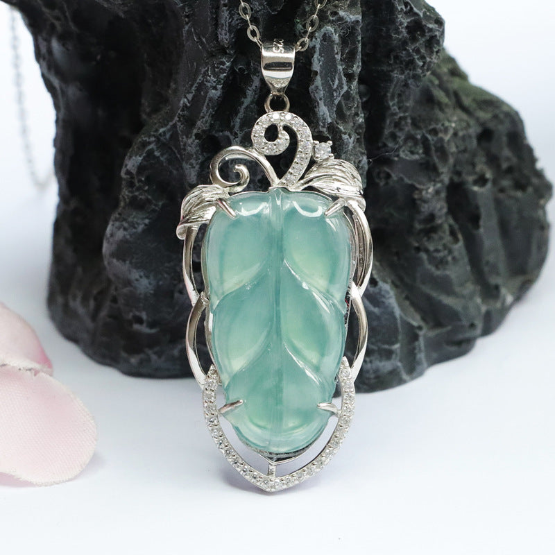 Ice Blue-Green Leaves Hollow Necklace with Jade Gemstone