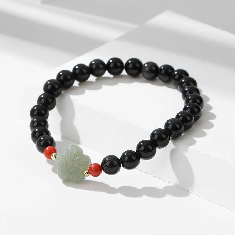 Obsidian Sakura Beaded Bracelet for Men and Women with Sterling Silver Details