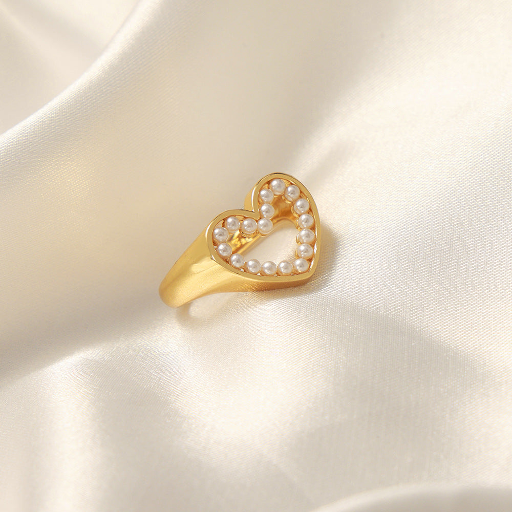 Heart-Shaped Imitation Pearl Hollow Ring - Luxe Copper Jewelry for Women