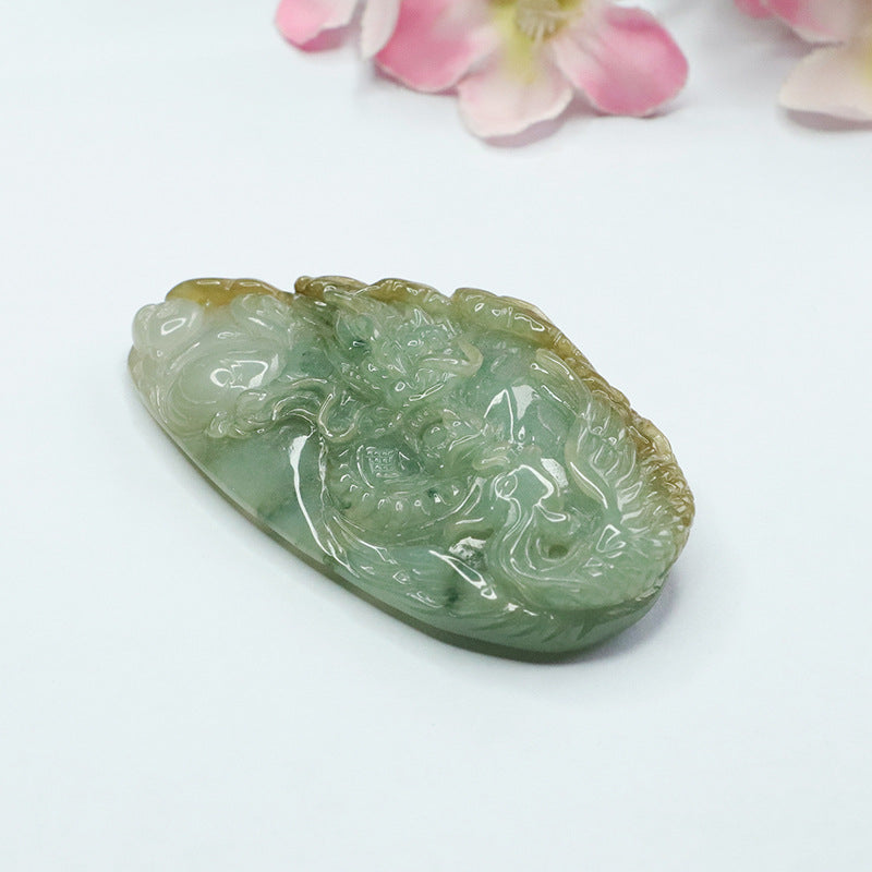 Green and Gold Dragon Phoenix Buddha Jade Pendant