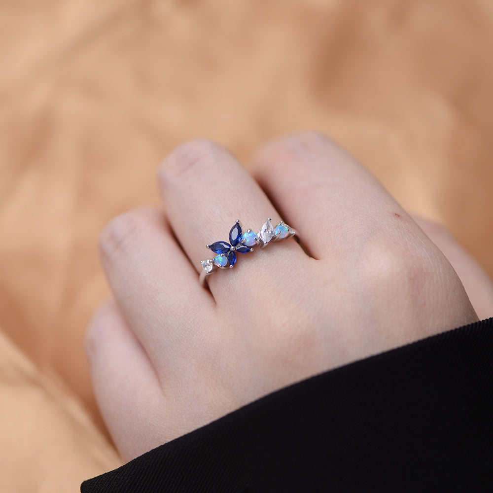 Opal and Zircon Butterfly Slim Sterling Silver Ring