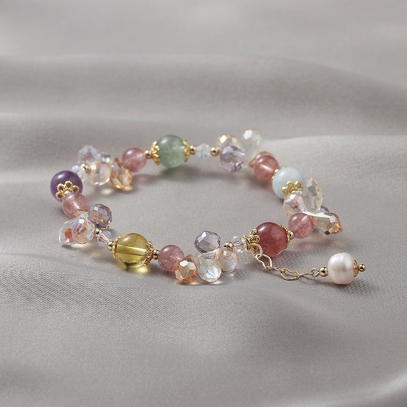 Fortune's Favor Sterling Silver Crystal Bracelet with Strawberry and Sea Blue Crystals and Freshwater Pearls