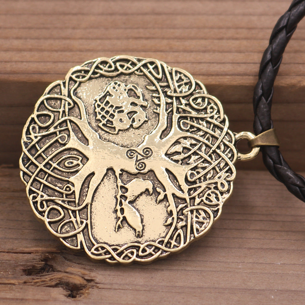 Cross Continental Viking Odin Talisman Necklace with Tree of Life Crow Design for Men, Fashionable Accessory in Europe and America