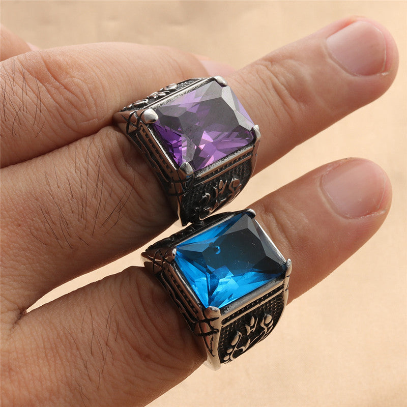 Trendy Multi-Color Zircon Titanium Steel Square Ring for Men and Women