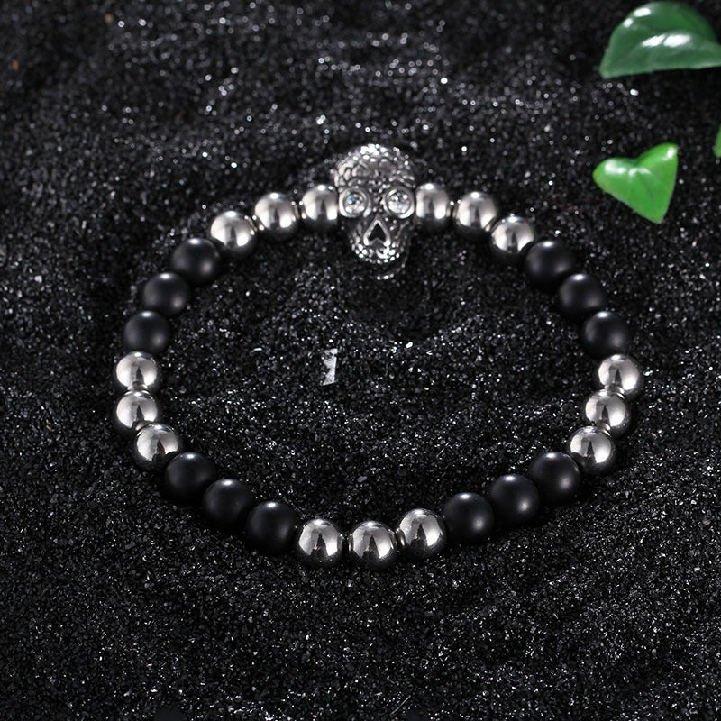 Men's Personalized Skull Beaded Bracelet with Punk Style Zircon Accents