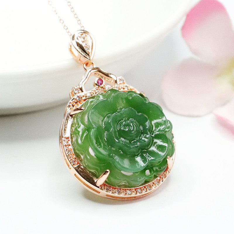 Jade Peony Flower Sterling Silver Necklace with Zircon