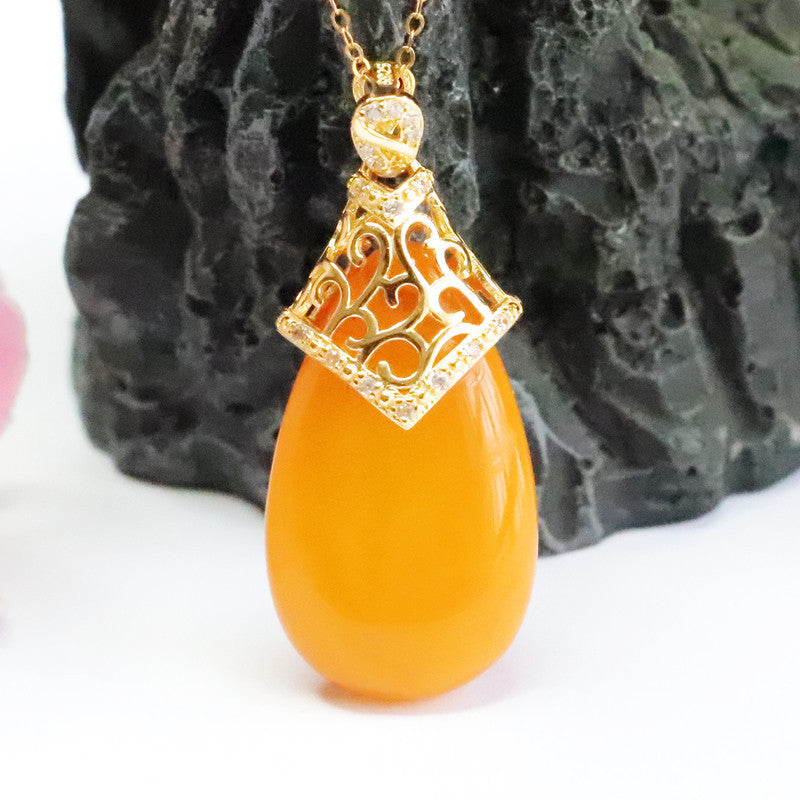 Golden Amber Beeswax Pendant Sterling Silver Necklace