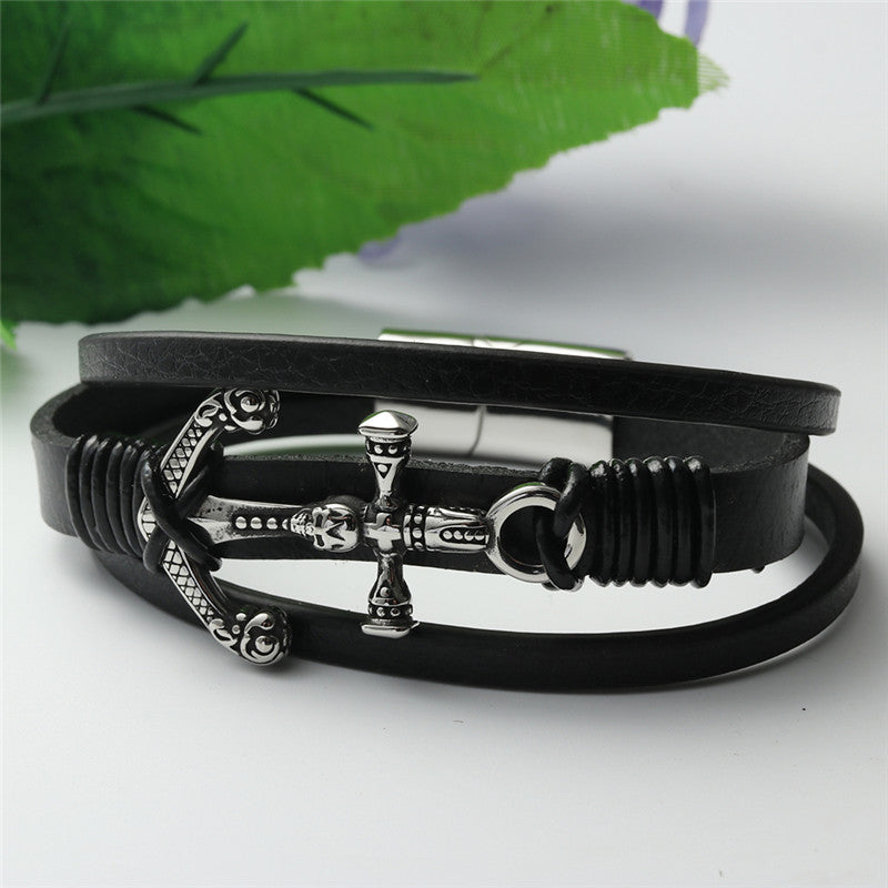 Titanium Steel Cross Leather Bracelet for Men - Personalized Punk Woven Skull Design