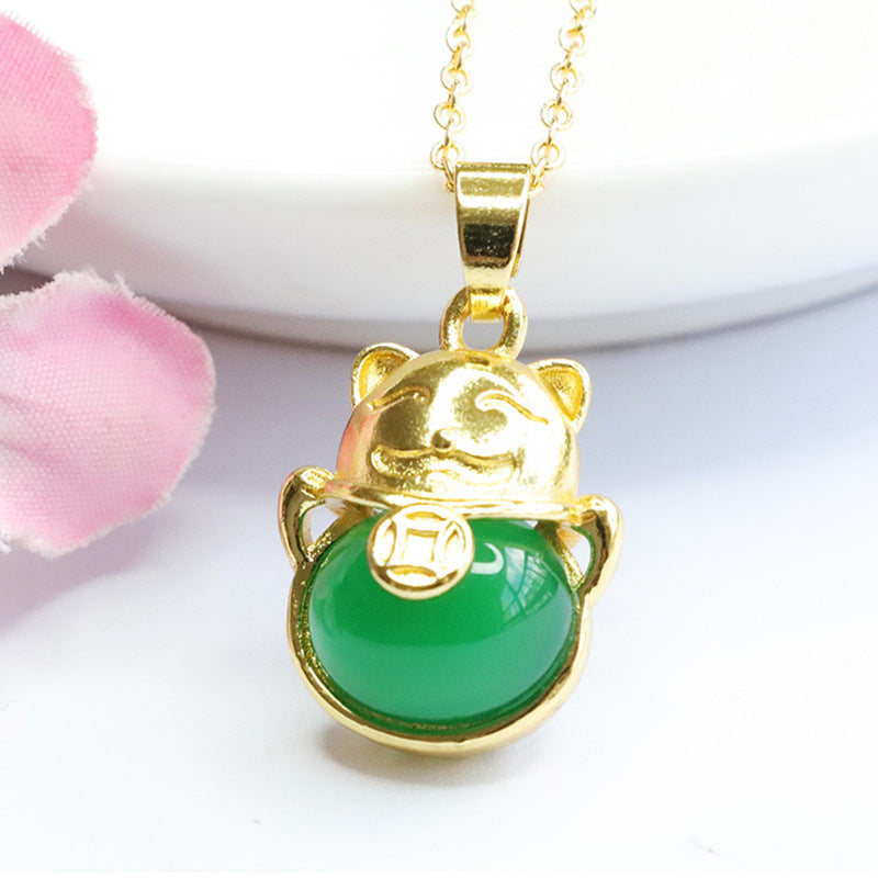 Lucky Cat Chalcedony Sterling Silver Necklace