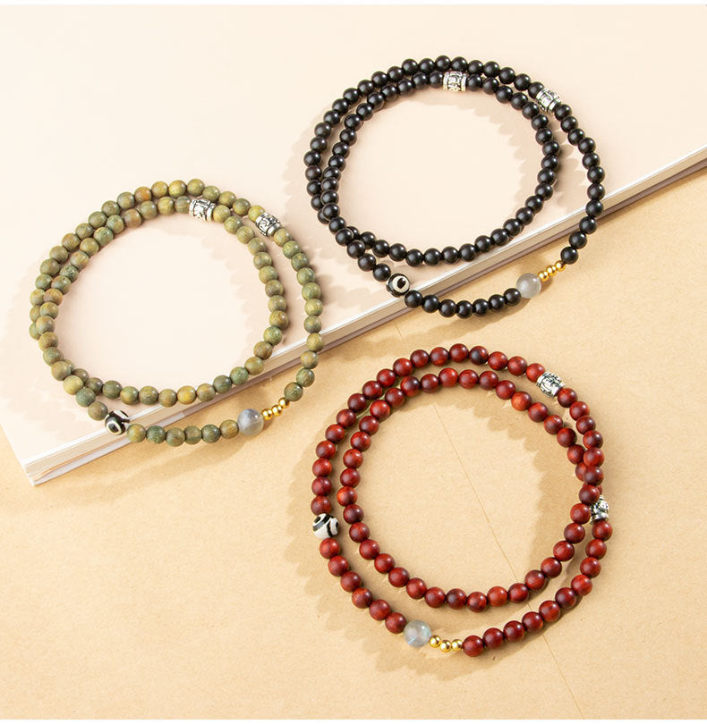 Chinese Style Red Sandalwood Multi-Circle Bracelet with Green Beads