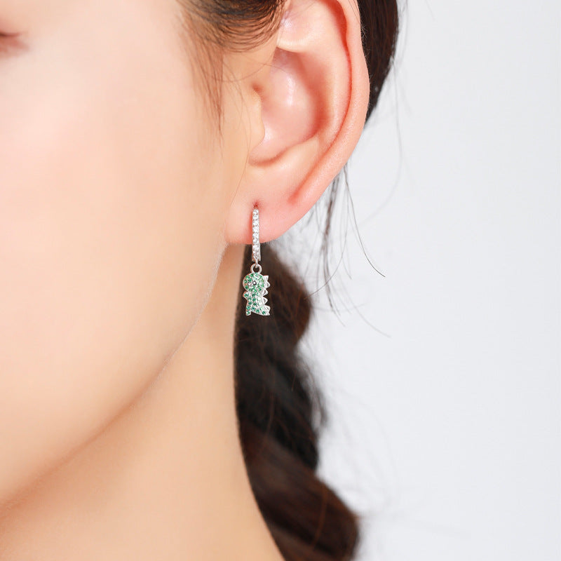 Whimsical Sterling Silver Dinosaur Earrings with Green Zircon for a Sweet and Fresh Look