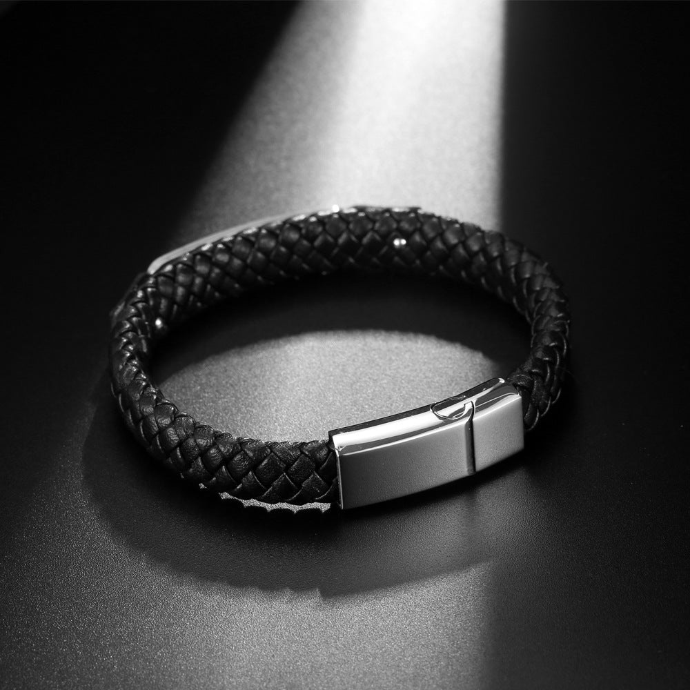 Stylish Woven Titanium Steel Men's Bracelet with Leather Accents