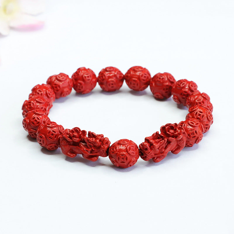 Red Sand and Cinnabar Pixiu Bracelet with Sterling Silver Beads