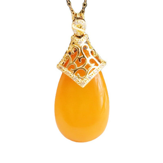 Golden Amber Beeswax Pendant Sterling Silver Necklace