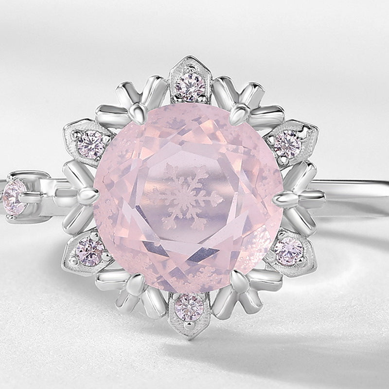 Christmas Winter Snowflake Round Pink Crystal Opening Sterling Silver Ring