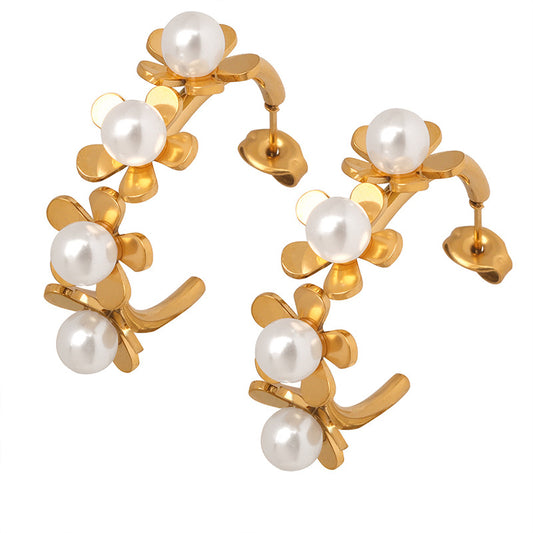 Korean-Inspired Gold-Plated Flower Earrings with Imitation Pearls